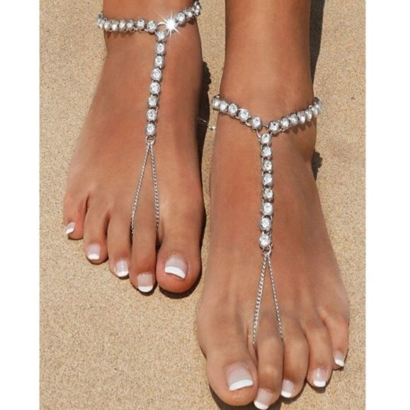 Silver and White Diamond Austrian Crystal Anklet Foot Chains - Set of 2